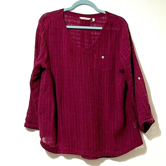 Soft Surroundings Womens XS Fuchsia Linen-Cotton V-Neck Blouse Roll Tab Sleeves - Picture 1 of 6